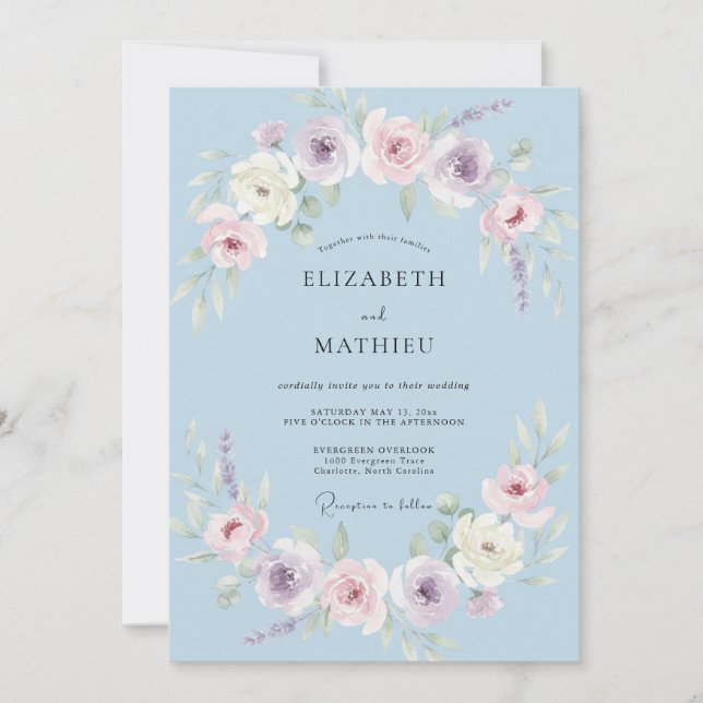 Convite Casamento Elegante de Primavera Azul Pó (Frente)