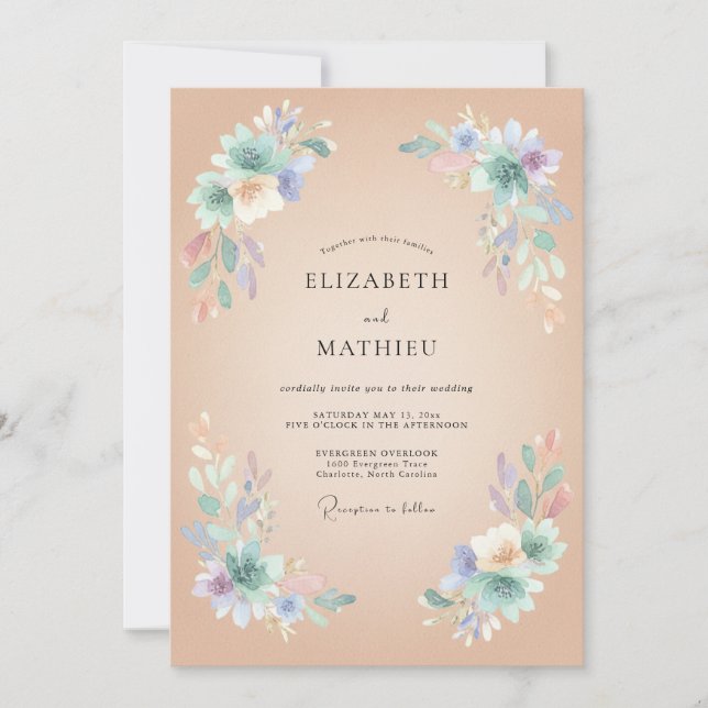 Convite Casamento Elegante de Primavera com Pêssego (Frente)