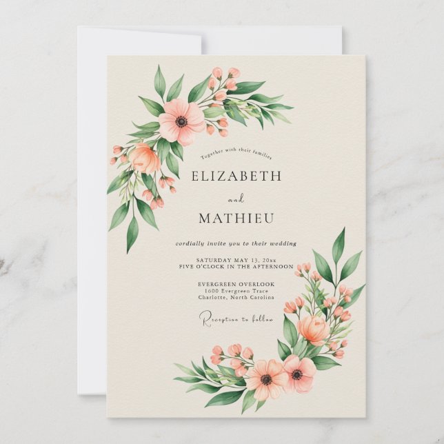 Convite Casamento Elegante de Primavera com Pêssego (Frente)
