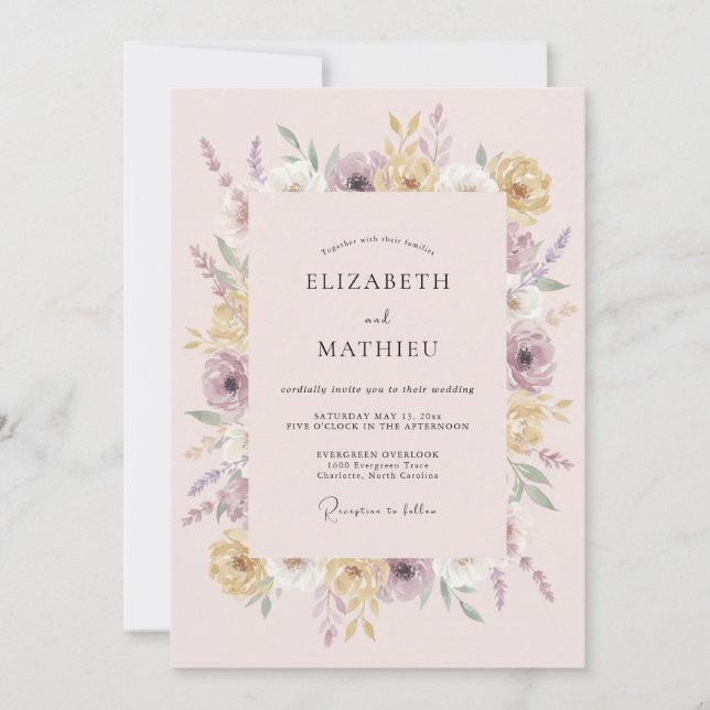 Convite Casamento Elegante de Primavera com Rosa e Lavanda (Frente)