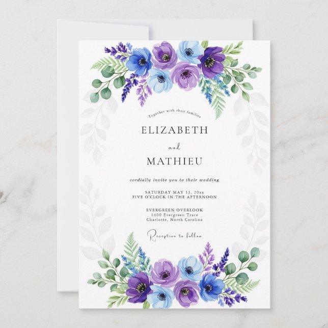 Convite Casamento Elegante de Primavera com Tons de Vinca (Frente)