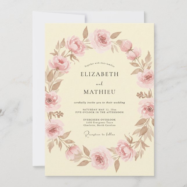 Convite Casamento Elegante de Primavera em Rosa Corado (Frente)