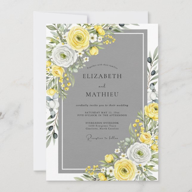 Convite Casamento Elegante de Primavera em Tons de Cinza e (Frente)