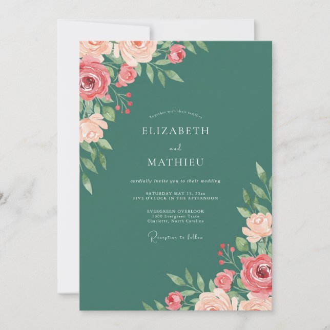 Convite Casamento Elegante de Primavera em Verde Azul (Frente)