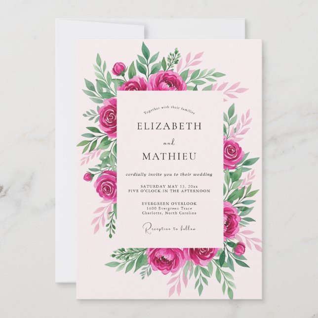 Convite Casamento Elegante de Primavera Rosa Quente (Frente)