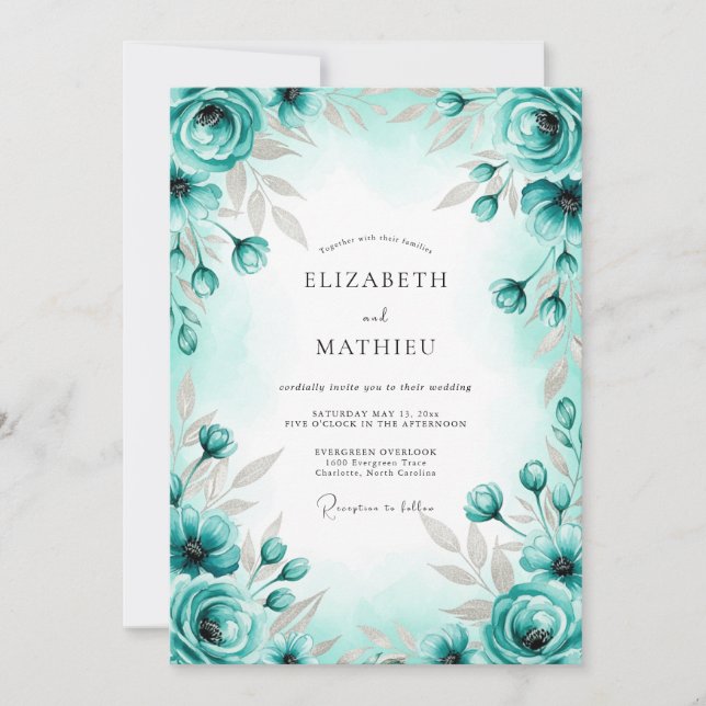 Convite Casamento Elegante de Primavera Turquesa (Frente)