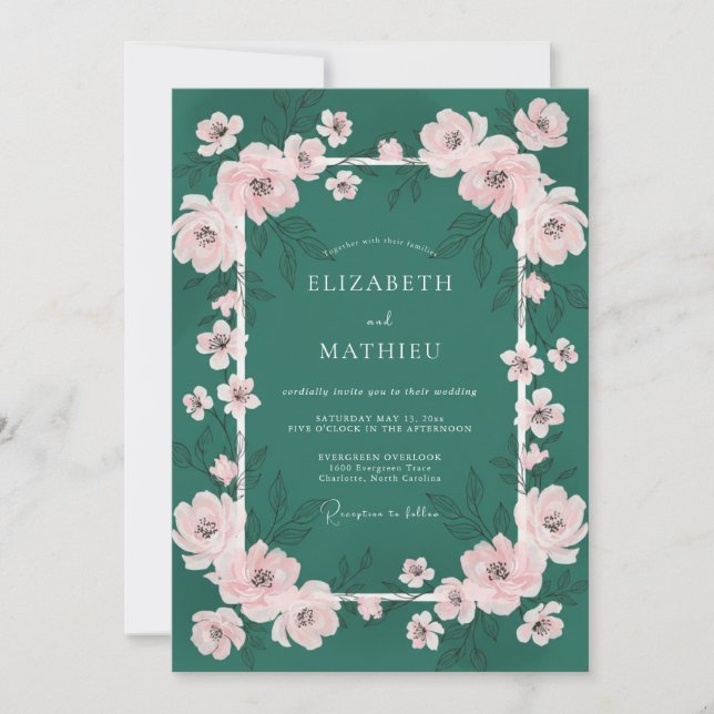 Convite Casamento Elegante de Primavera Verde Esmeralda (Frente)