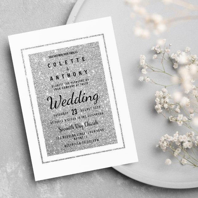 Convite Casamento elegante de relva prateada moderna (Modern elegant white silver glitter Wedding )