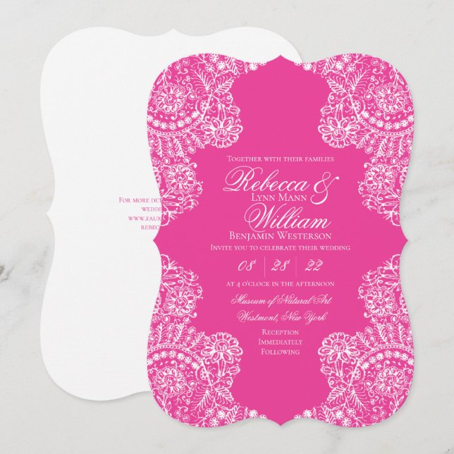Convite Casamento Elegante de rendas cor-de-rosa-claro (Frente/Verso)