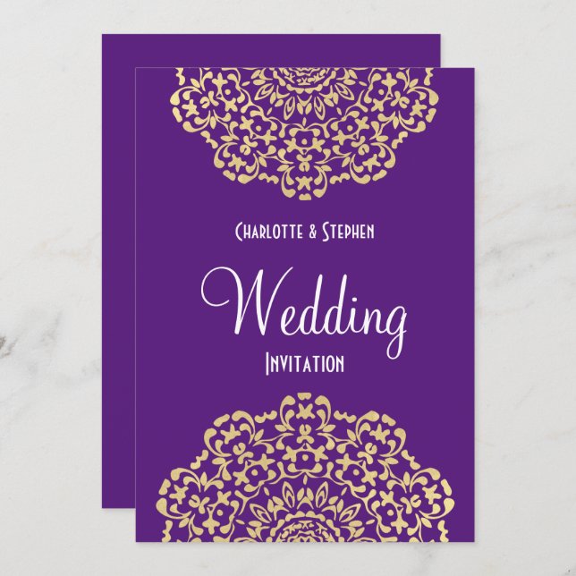 Convite Casamento Elegante de rendas Douradas e roxas (Frente/Verso)