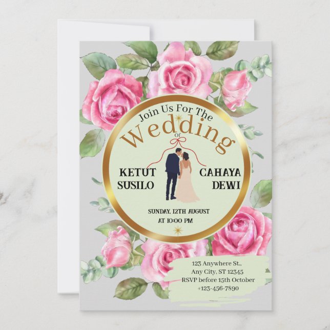 Convite Casamento elegante de Rosa com noiva e noiva (Frente)