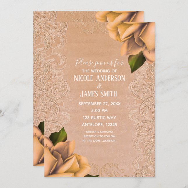 Convite Casamento Elegante de Rosa de Imagem Amarelo Cream (Frente/Verso)