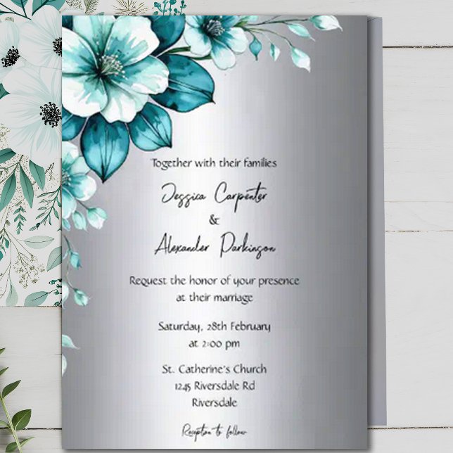 Convite Casamento Elegante de Rosas Aqua e Script Silver (Criador carregado)