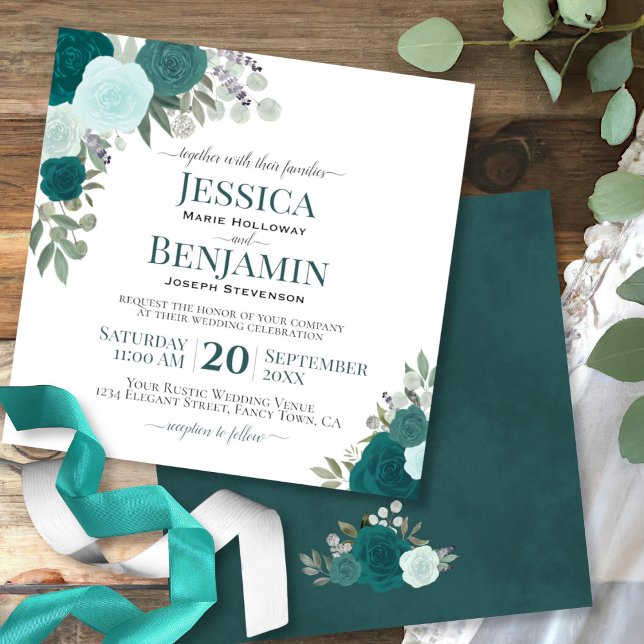 Convite Casamento Elegante de Rosas de Aquarela de Teal ou (Criador carregado)