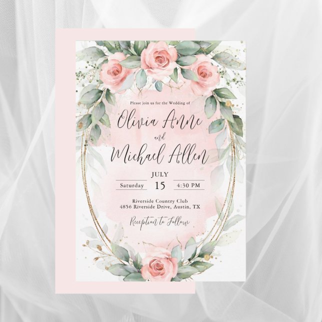 Convite Casamento Elegante de Rosas de Aquarela Rosa-Blush (Criador carregado)