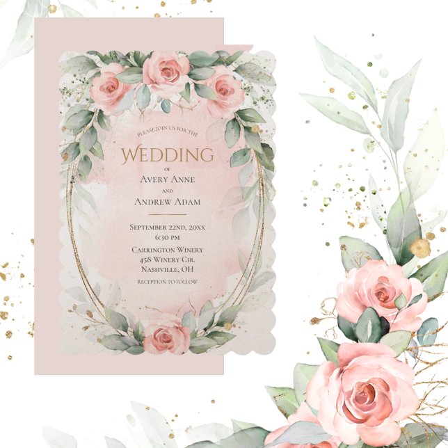 Convite Casamento Elegante de Rosas de Aquarela Rosa-Blush (Criador carregado)