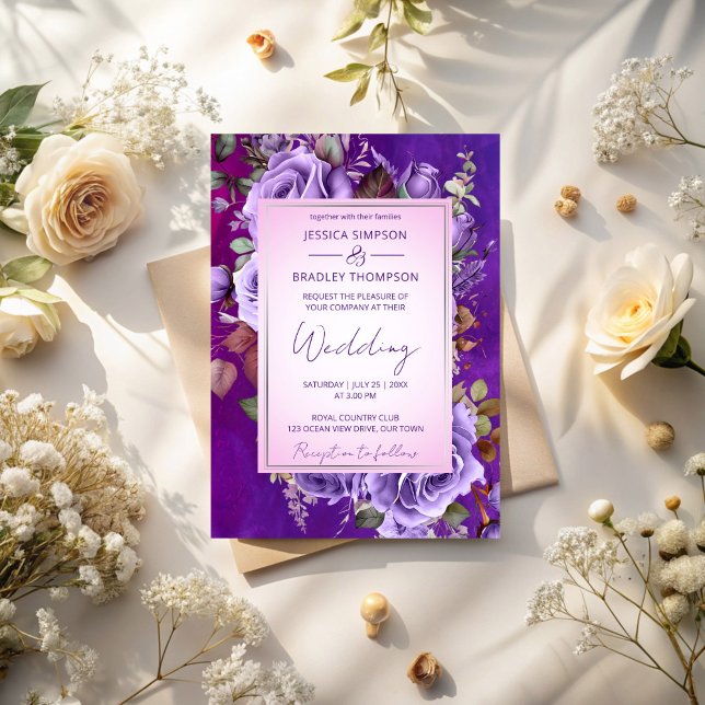 Convite Casamento elegante de rosas rosa púrpura (Purple lilac pink vintage roses elegant wedding invitation cards template instant download)