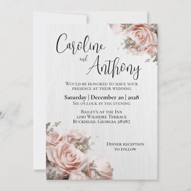 Convite Casamento Elegante de Rosas Rosa Suave (Frente)