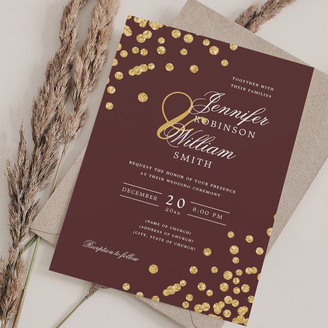 Convite Casamento Elegante de Script Dourado Confetti Burg (Elegant Script Wedding Gold Confetti Burgundy Invitation)