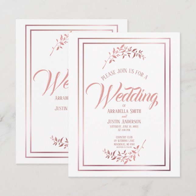 Convite Casamento Elegante de Script Dourado de Rosa Flora (Frente/Verso)
