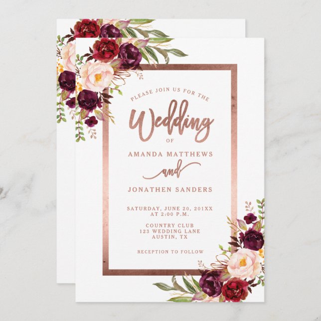 Convite Casamento Elegante de Script Dourado do Burgundy F (Frente/Verso)