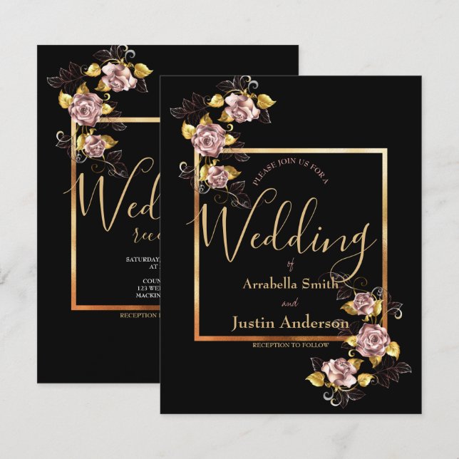 Convite Casamento Elegante de Script Dourado Floral Preto (Frente/Verso)