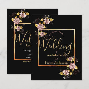 Convite Casamento Elegante de Script Dourado Floral Preto