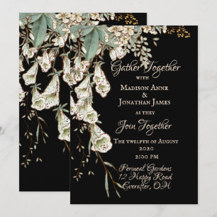 Convite Casamento Elegante de Script Garland Preto Floral