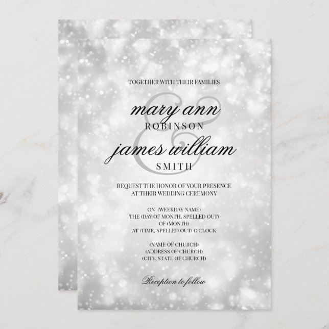 Convite Casamento Elegante de Silver Champagne Bokeh (Frente/Verso)