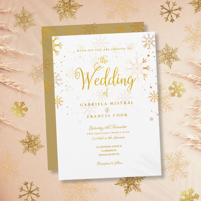 Convite Casamento Elegante De Snowflakes De Inverno Dourad (Gold Winter Snowflakes Elegant Script Wedding Invitation)