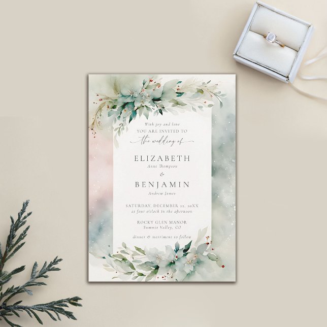 Convite Casamento Elegante De Sondas De Natal De Inverno (winter wedding invitation christmas dreamy watercolor greenery botanical frame elegant bohemian)