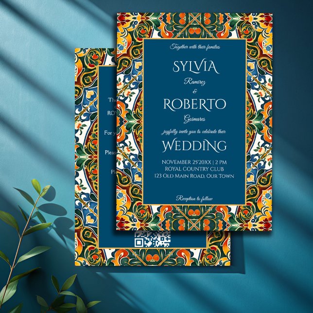 Convite Casamento elegante de Talavera mexicano com RSVP (Mexican Talavera teal elegant wedding with RSVP Invitation template vintage Mexican wedding cards)