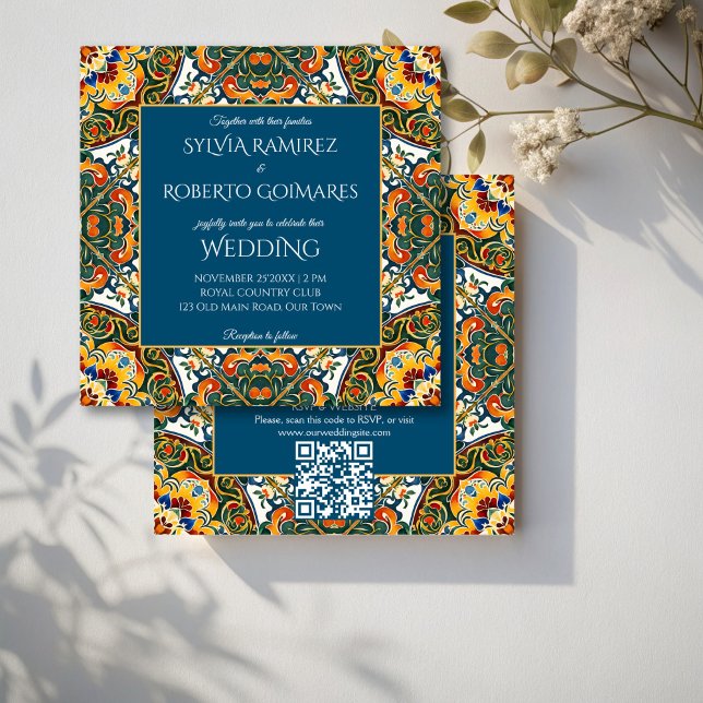 Convite Casamento elegante de Talavera mexicano com RSVP (Mexican Talavera teal colorful ornate elegant wedding invitations with RSVP editable template)