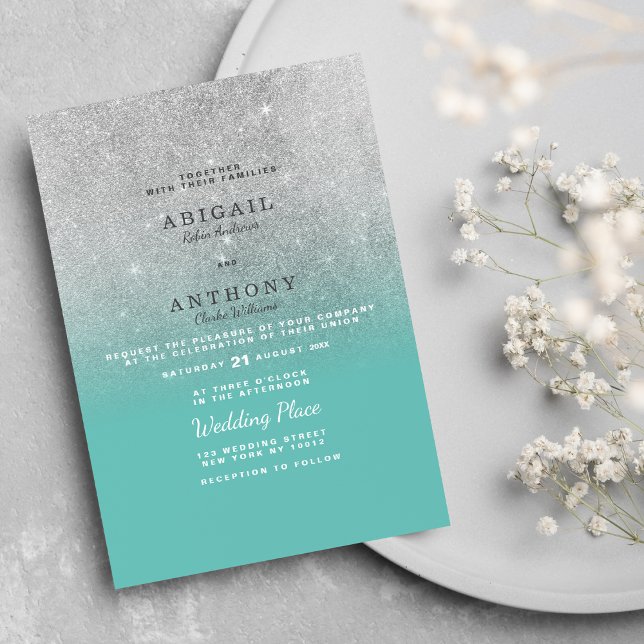 Convite Casamento elegante de teal de prata-prata mbre (Elegant chic teal silver glitter ombre wedding )