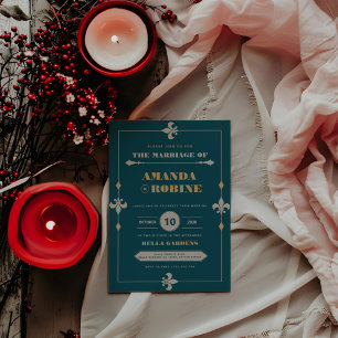 Convite Casamento Elegante de Teal Escuro e Vintage Dourad