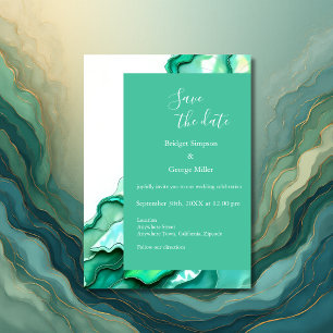 Convite Casamento Elegante de Teal Marble Watercolor