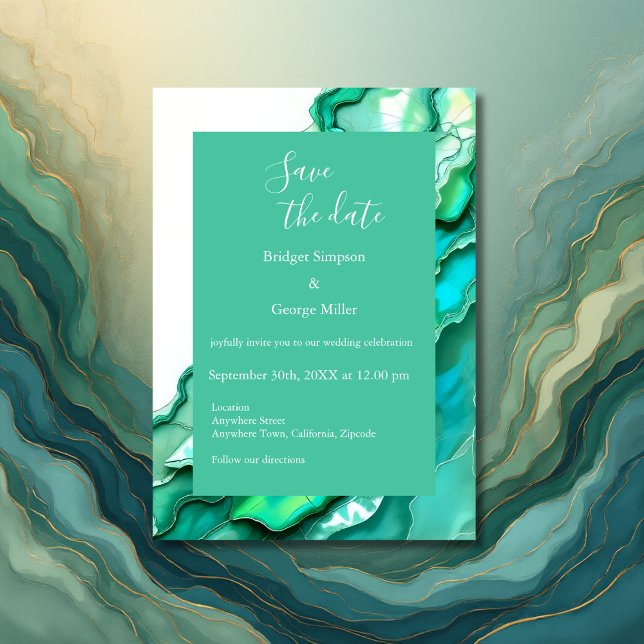 Convite Casamento Elegante de Teal Marble Watercolor (Criador carregado)