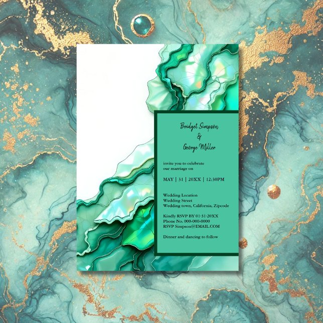 Convite Casamento Elegante de Teal Marble Watercolor (Criador carregado)
