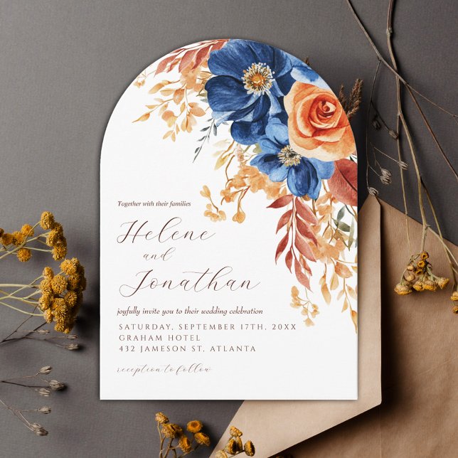 Convite Casamento Elegante de Terracotta Garden marinho Bl (Navy Blue Rust Terracotta Garden Elegant Wedding Invitation)