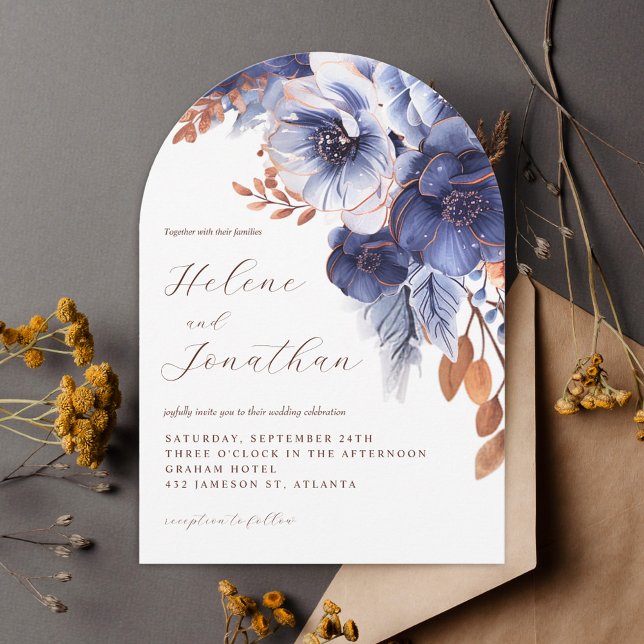 Convite Casamento Elegante de Terracotta Garden marinho Bl (Navy Blue Rust Terracotta Garden Elegant Wedding Invitation)