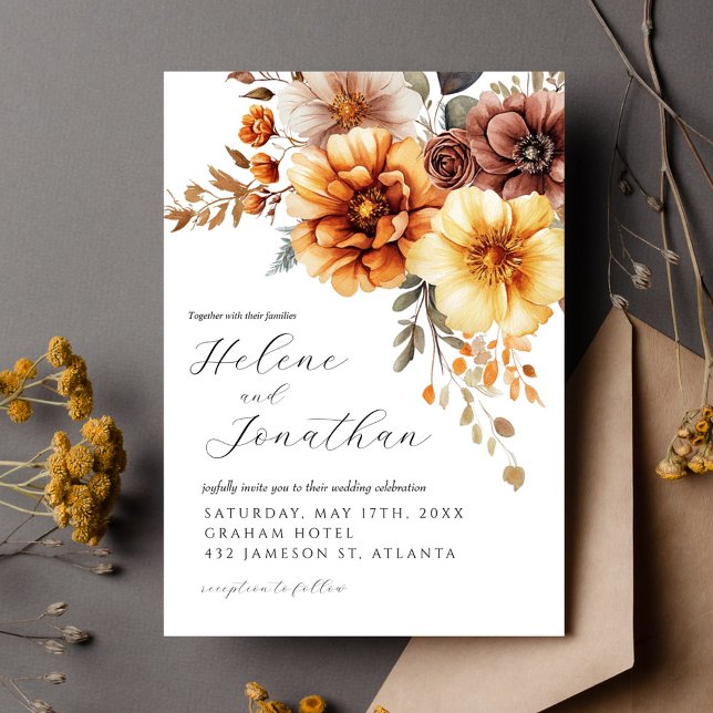 Convite Casamento Elegante de Terracotta Laranja Queimada  (Floral Burnt Orange Terracotta Elegant Wedding Invitation)