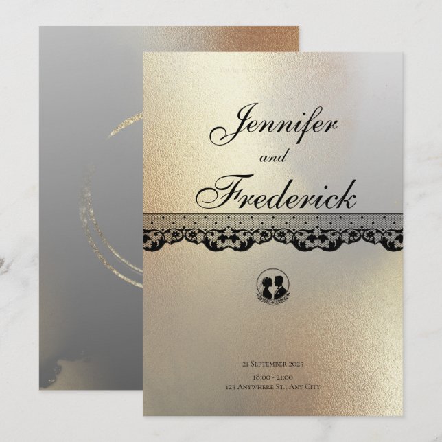 Convite Casamento Elegante de Tinta Álcool Dourada (Frente/Verso)