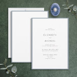 Convite Casamento Elegante de Tipografia Azul e Branca<br><div class="desc">Um belo convite de casamento de tipografia para um verão ou casamento outono! Este belo e elegante design apresenta uma borda azul empoeirada em torno de um convite branco, com a tipografia moderna em preto macio. Uma design simples e minimalista. Muito obrigado por apoiar a nossa pequena empresa, que apreciamos...</div>