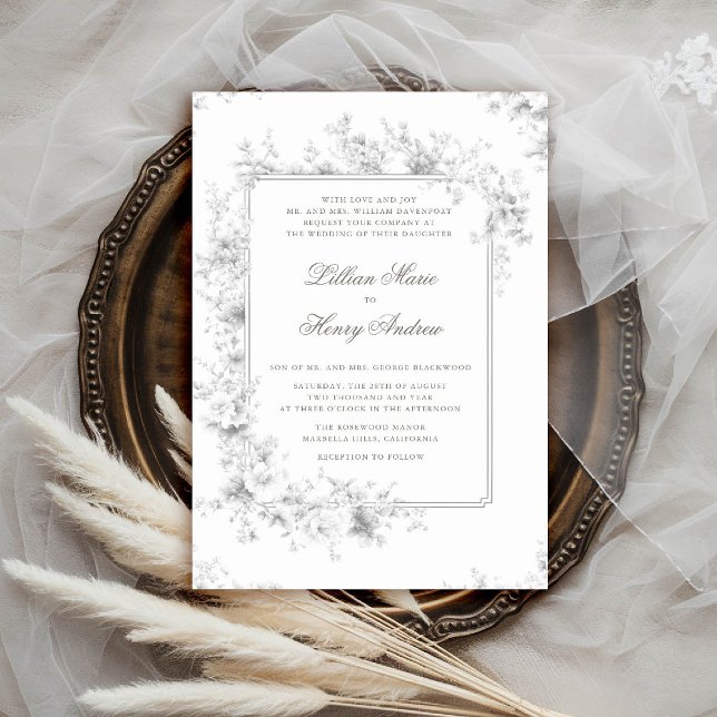 Convite Casamento Elegante de Torre Branca Negra do Jardim (vintage garden wedding invitation chateau black white toile floral old money formal traditional)
