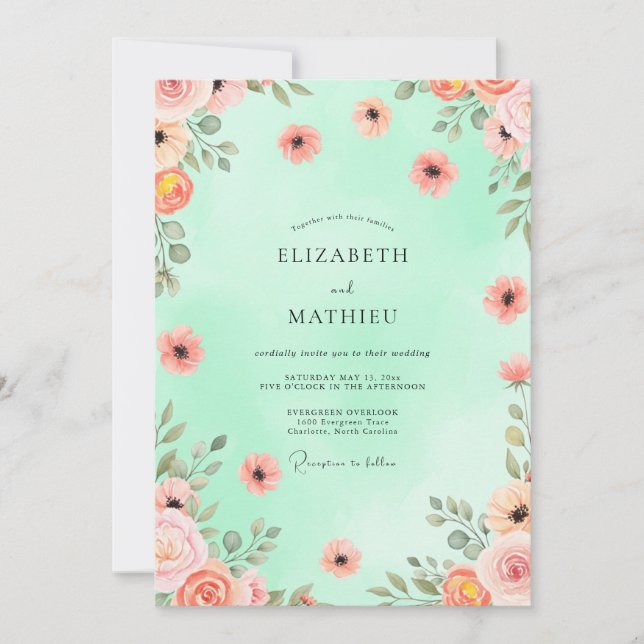Convite Casamento Elegante de Verde Menta na Primavera (Frente)