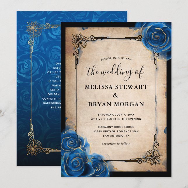 Convite Casamento Elegante de Vintage Negra Dourada Real R (Frente/Verso)