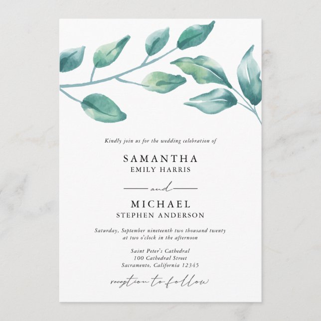 Convite Casamento Elegante de Watercolor Greenery (Frente)