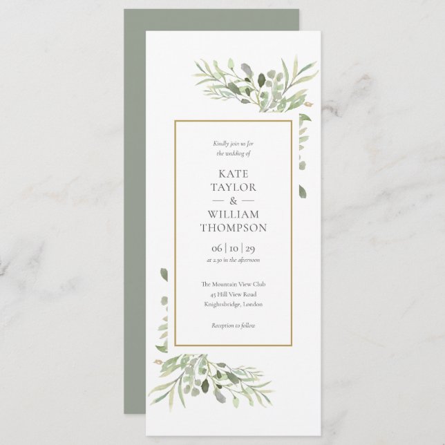 Convite Casamento Elegante de Watercolor Greenery (Frente/Verso)