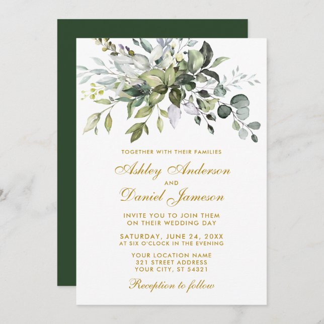 Convite Casamento Elegante de Watercolor Greenery Dourado (Frente/Verso)