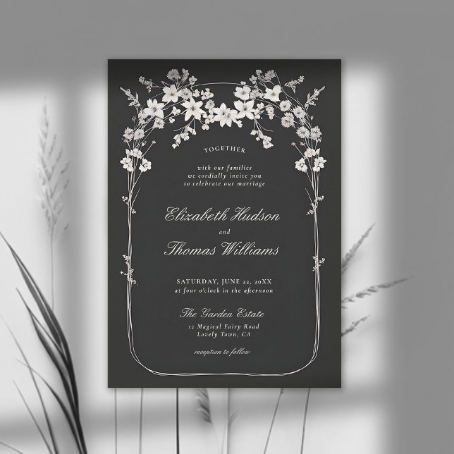 Convite Casamento Elegante do Arco Branco Negro de Flores  (wildflowers wedding invitation black and white boho arch formal elegant modern classic)